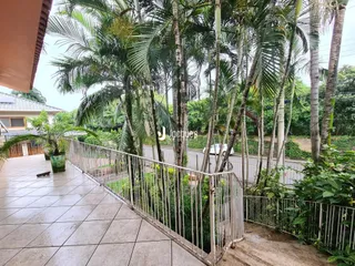 Vista de uma varanda com vegetação exuberante e grade de metal.