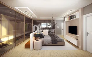 Quarto moderno com armários embutidos e piso de madeira.