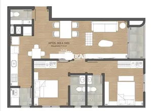 Planta baixa de um apartamento mostrando a disposição dos cômodos.