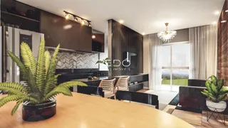 Ambiente de sala de estar com decoração moderna e grande janela.