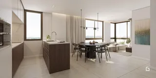 Ambiente moderno com cozinha e sala de jantar em Lajeado.