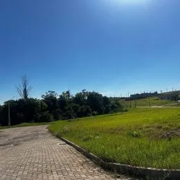 Vista de um campo gramado com árvores sob um céu azul.
