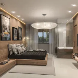Quarto com cama de madeira e iluminação moderna.