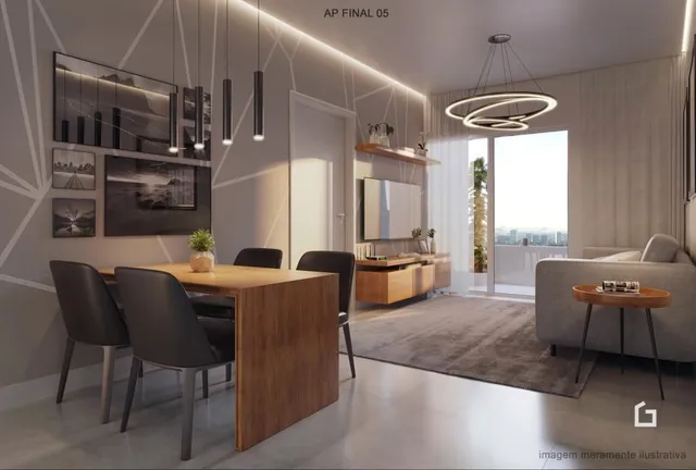 Sala de estar com mesa de jantar de madeira em um apartamento.