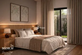 Quarto com cama e decoração de madeira em um imóvel no Brasil.