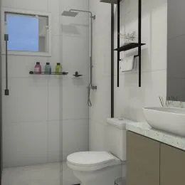 Foto de um banheiro com revestimento branco e box de vidro.