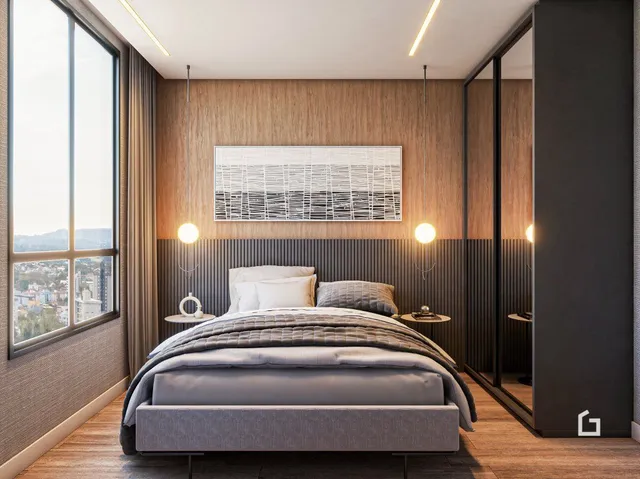 Quarto com cama grande e janela de grande porte.