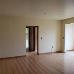Foto de um ambiente interno com piso de madeira clara.