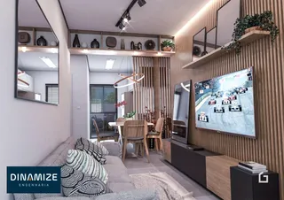 Ambiente moderno de sala de estar e jantar em imóvel no Brasil.