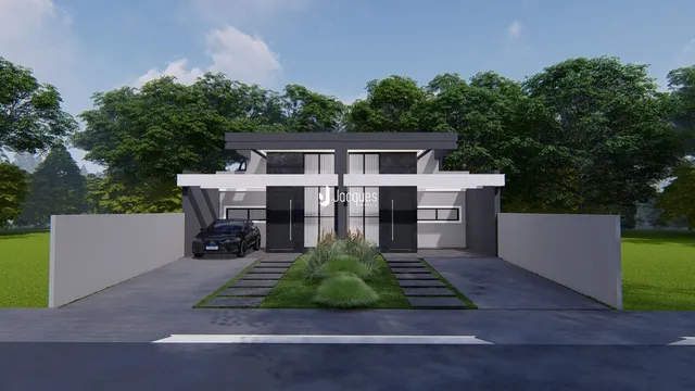 Fachada moderna de uma residência em Lajeado, Brasil, com jardim frontal e garagem.