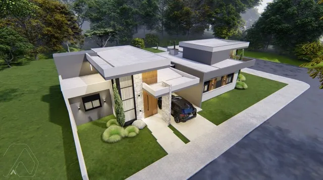 Fachada moderna de uma casa em Lajeado, Brasil, com jardim bem cuidado.