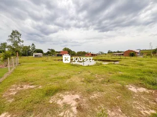 A foto mostra um campo aberto com vegetação rasteira sob um céu nublado.