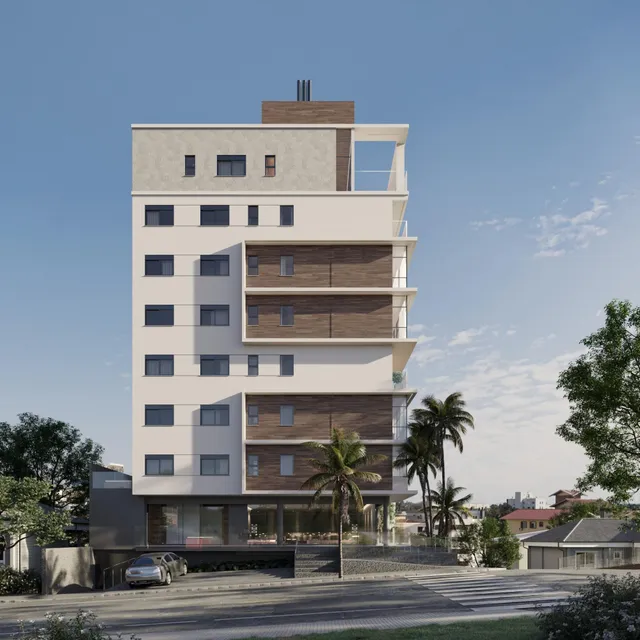 Fachada de um prédio residencial moderno com varandas em Lajeado, Brasil.