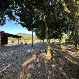 Vista externa de um terreno com árvores e chão de cascalho.