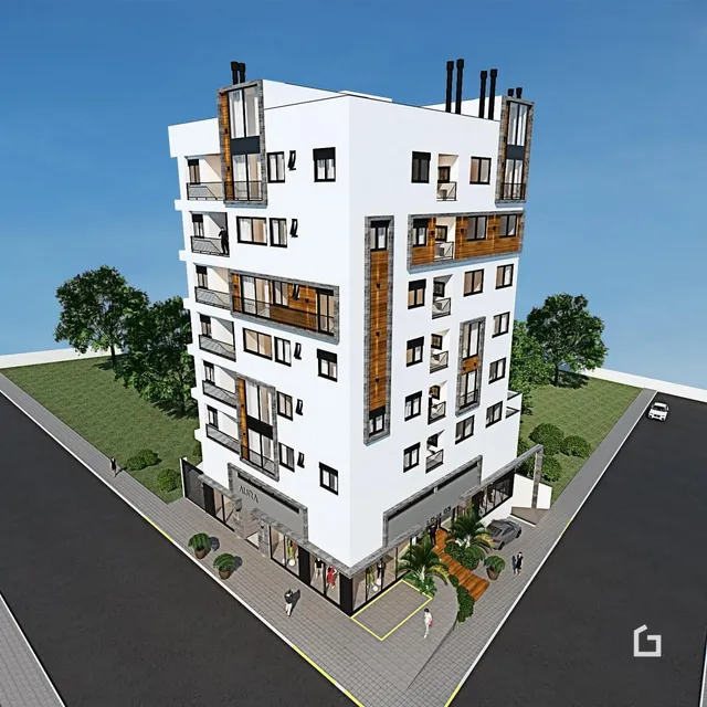 Renderização da fachada de um prédio residencial em Lajeado, Brasil.