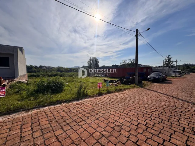 Vista externa de um terreno com pavimentação de tijolos e vegetação.