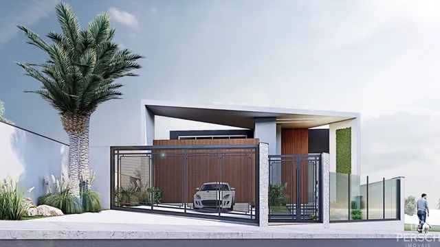 Fachada moderna de uma residência com portão de madeira e grade em Lajeado, Brasil.