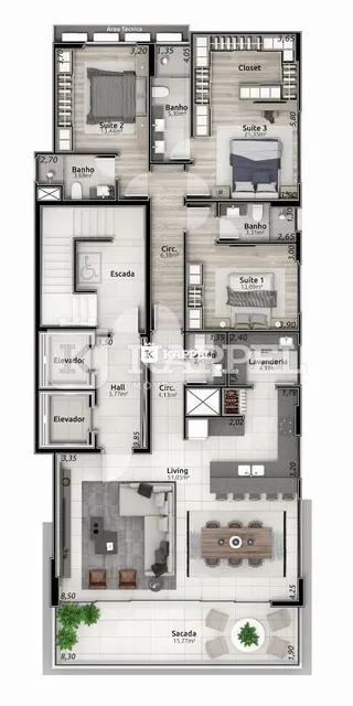 Planta baixa de um imóvel residencial mostrando a disposição dos cômodos.
