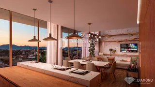 Sala de estar ampla com vista para a cidade através de grandes janelas.