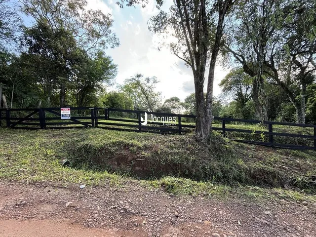 Vista externa da propriedade com cerca de madeira e vegetação densa.