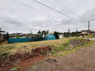 Vista externa de uma propriedade com cerca azul e vegetação no primeiro plano.