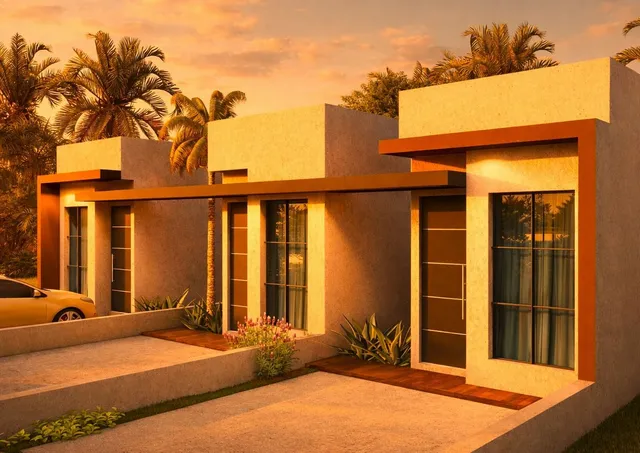 Fachada de uma casa moderna com paisagismo tropical em Lajeado, Brasil.