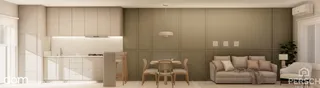 Sala de estar e jantar com armários e sofá em um imóvel.