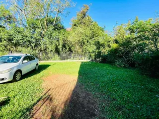 Vista externa de um quintal com gramado e caminho de terra entre árvores.