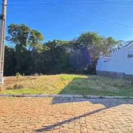 Vista externa de uma área pavimentada com grama seca em frente a uma residência.