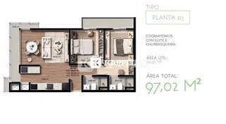 Planta baixa do imóvel mostrando dois dormitórios e uma área total de 97,02 m².