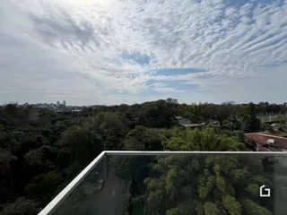 Vista aérea da propriedade com densa vegetação circundante.