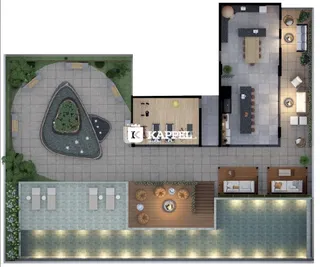 Planta baixa de uma residência mostrando a disposição de áreas externas e piscina.