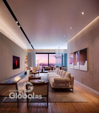 Sala de estar moderna com vista panorâmica da cidade.