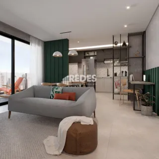 Sala de estar moderna com sofá cinza e piso claro.