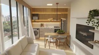 Sala de estar com vista para a cidade em um apartamento moderno.