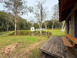 Vista de um campo aberto com vegetação densa ao fundo, vista a partir de uma varanda de madeira.
