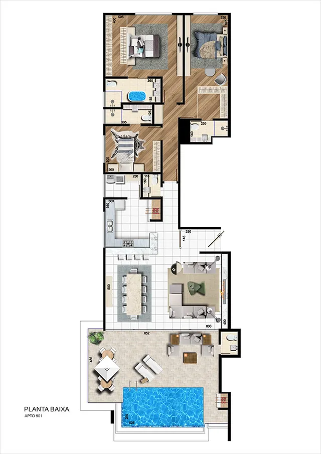 Planta baixa de um apartamento mostrando a disposição dos cômodos.