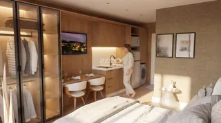 Quarto com armário e decoração moderna.