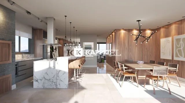 Interior moderno com cozinha e sala de jantar em um apartamento.