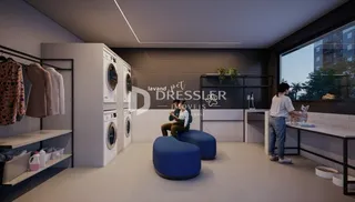 Sala de estar moderna com estantes embutidas e piso claro.