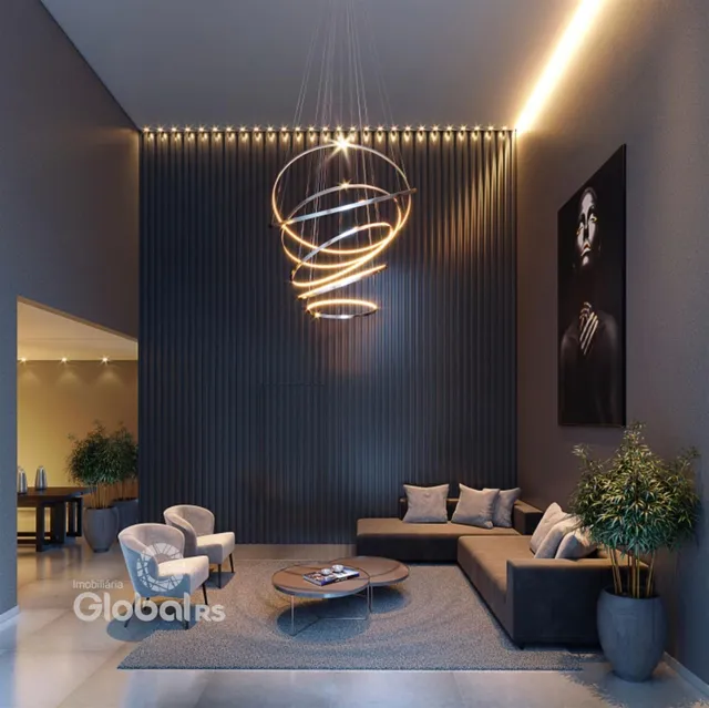 Sala de estar moderna com parede de ripas verticais e decoração contemporânea.