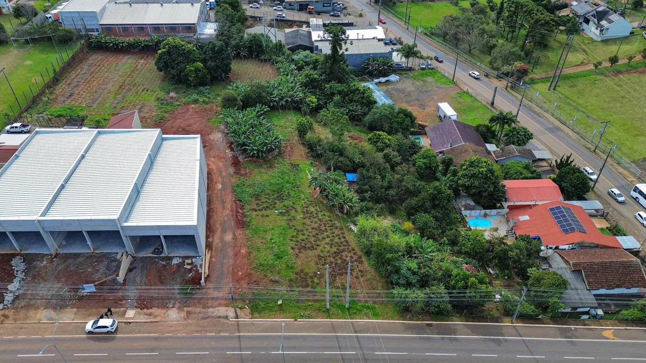 Vista externa de uma propriedade com estrutura de telhado em construção e vegetação ao redor.