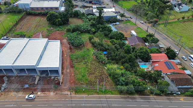 Vista externa de uma propriedade com estrutura de telhado em construção e vegetação ao redor.