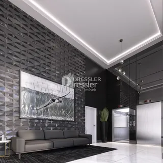 Sala de estar moderna com parede texturizada e decoração contemporânea.
