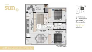 Planta baixa de um apartamento de dois dormitórios com cozinha e sala de jantar.