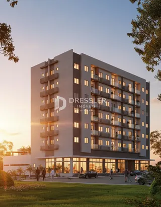Fachada de um prédio residencial em Lajeado, Brasil, ao pôr do sol.