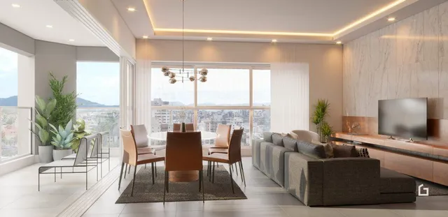 Sala de estar moderna com grandes janelas que oferecem uma vista panorâmica.