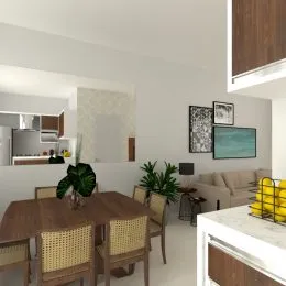 Foto de uma mesa de madeira com cadeiras em um ambiente interno.