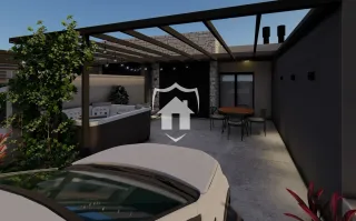 Vista externa de uma residência moderna com área coberta e jardim.