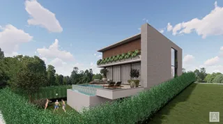 Fachada moderna de uma residência em Lajeado, Brasil, com área externa e piscina.